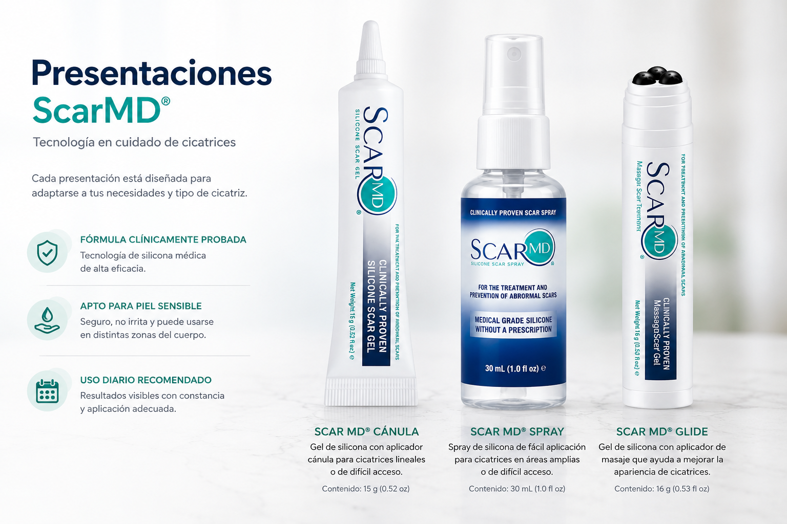 Presentaciones ScarMD Cánula, Spray y Glide